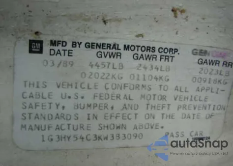 1989 Oldsmobile Delta 88 z USA, uszkodzony, nr VIN 1G3HY54C3KW383090